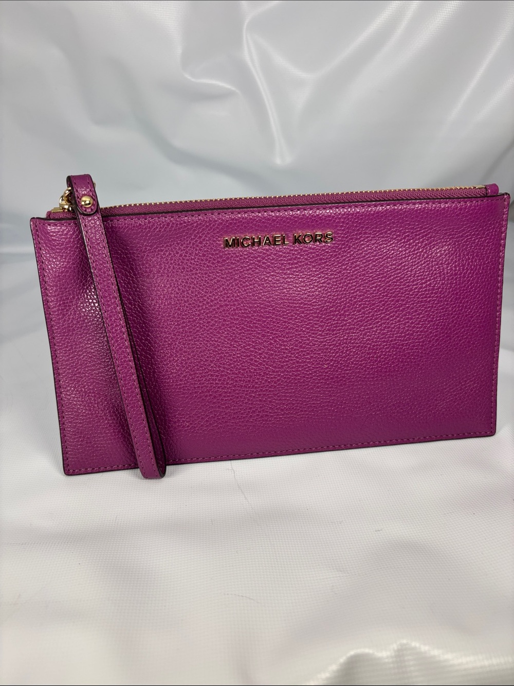Michael Kors Magenta Pebbled Leather Wristlet Clutch with Gold Hardware